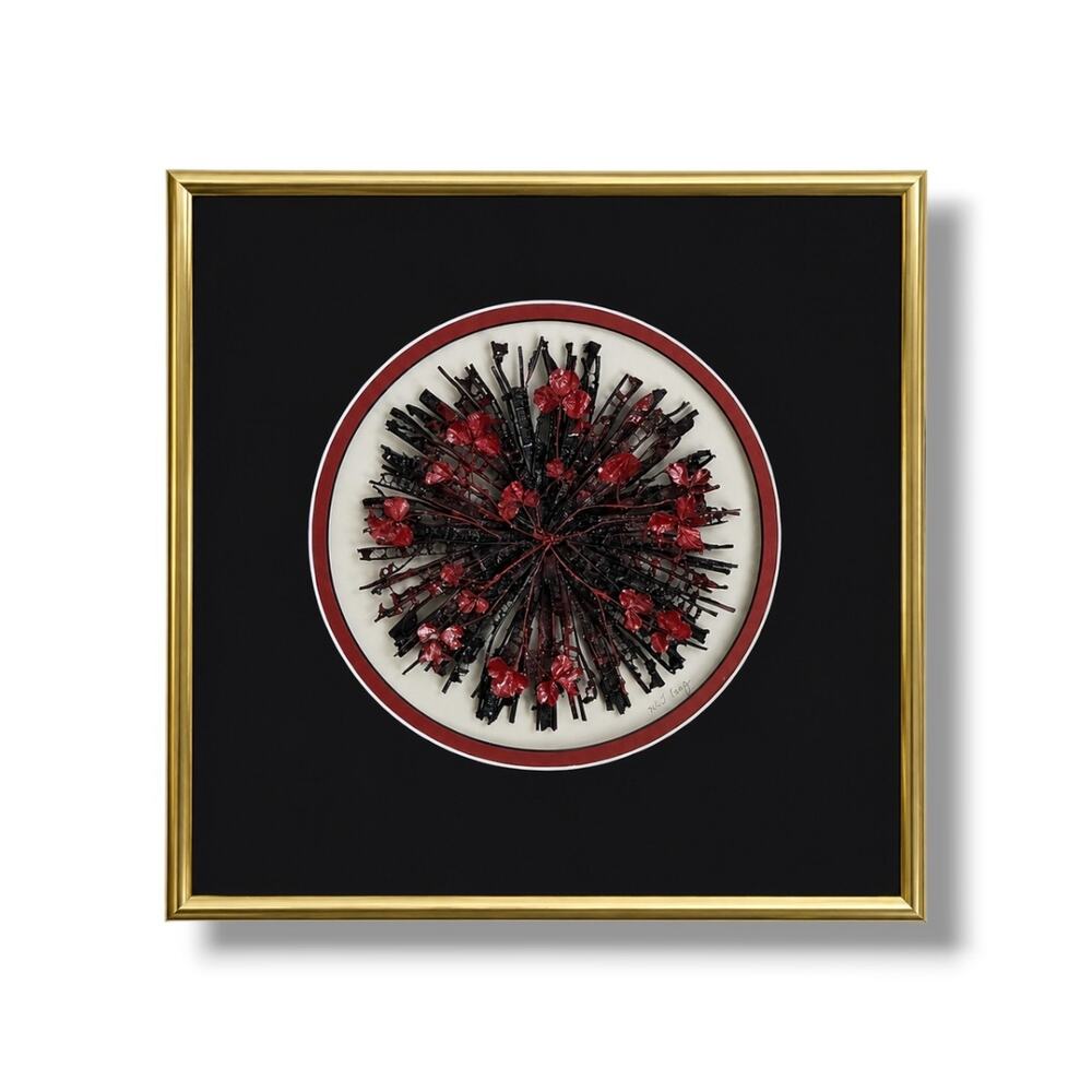 Original Mixed Media Art Signed Wisconsin Artist Wilfred Fang Red Black Shamrock